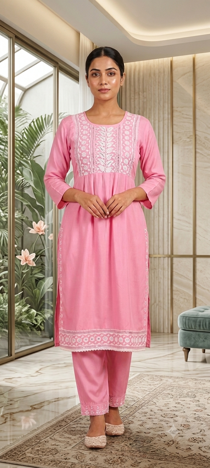 Trendy Pink Riyon Nayra Kurti Set