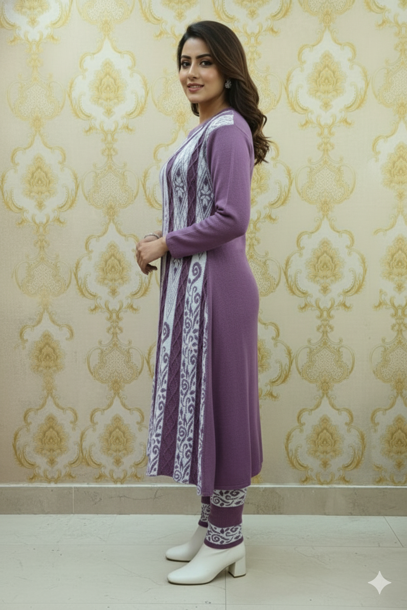 Woollen Purple Frock Set - Image 2